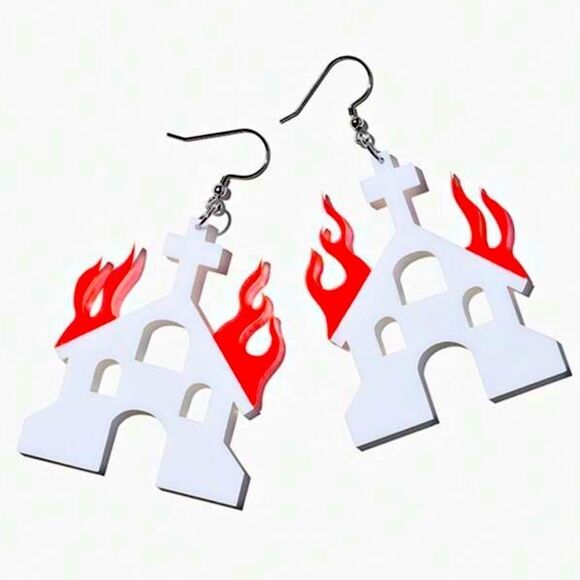 HALLOWEEN SALE Goth Fire Burning Church Witch Earrings - Picture 2 of 4